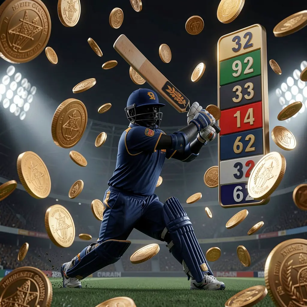 Visual de odds de críquete ao vivo da VVBR com a silhueta de um jogador de críquete rebatendo sob luzes de estádio, gráficos de odds flutuantes e moedas douradas sobre um fundo esportivo escuro premium em uma renderização 3D realista