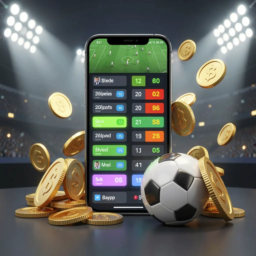 Visual moderno de apostas em futebol da VVBR com smartphone exibindo interface brilhante de odds esportivas, bola de futebol, moedas douradas e luzes de estádio em uma ilustração 3D premium
