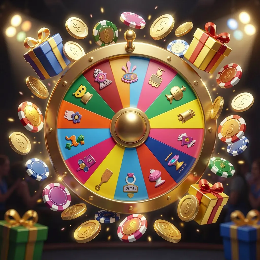Roda de bônus do cassino online VVBR com segmentos coloridos de prêmios cercados por moedas douradas, fichas e caixas de presente, luzes brilhantes de cassino criando uma atmosfera emocionante de jackpot sobre fundo escuro Roda de bônus do cassino online VVBR com segmentos coloridos de prêmios cercados por moedas douradas, fichas e caixas de presente, luzes brilhantes de cassino criando uma atmosfera emocionante de jackpot sobre fundo escuro