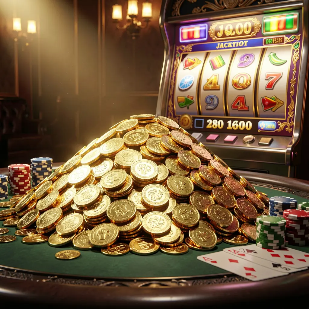 Cena de bônus de jackpot do cassino online VVBR com uma enorme pilha de moedas douradas, máquina caça-níqueis ao fundo, luzes brilhantes de jackpot, fichas de pôquer e cartas de jogo sobre uma mesa luxuosa sob iluminação cinematográfica dramática Cena de bônus de jackpot do cassino online VVBR com uma enorme pilha de moedas douradas, máquina caça-níqueis ao fundo, luzes brilhantes de jackpot, fichas de pôquer e cartas de jogo sobre uma mesa luxuosa sob iluminação cinematográfica dramática