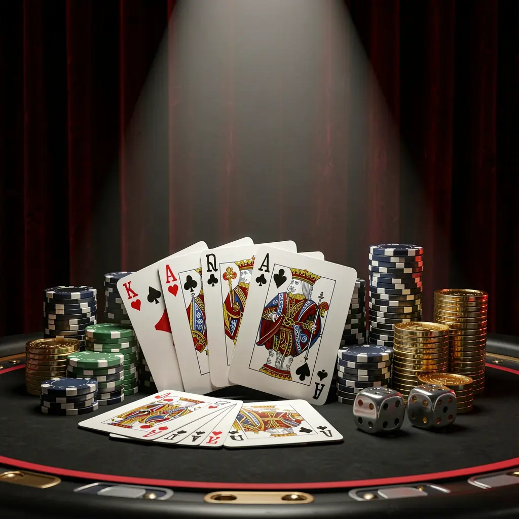 Mesa de cassino VVBR com uma mão de royal flush, fichas de pôquer, moedas douradas e dados sobre um fundo luxuoso preto e vermelho com holofote dramático em uma renderização 3D realista Mesa de cassino VVBR com uma mão de royal flush, fichas de pôquer, moedas douradas e dados sobre um fundo luxuoso preto e vermelho com holofote dramático em uma renderização 3D realista