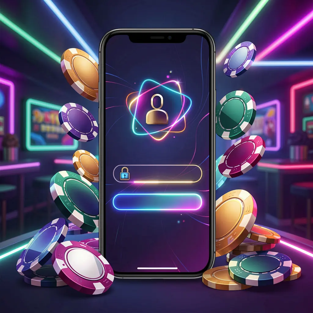 Conceito de página de login de jogos móveis VVBR em um smartphone exibindo uma interface abstrata de login com ícones de usuário e cadeado, cercado por fichas de cassino e moedas sob iluminação neon luxuosa
